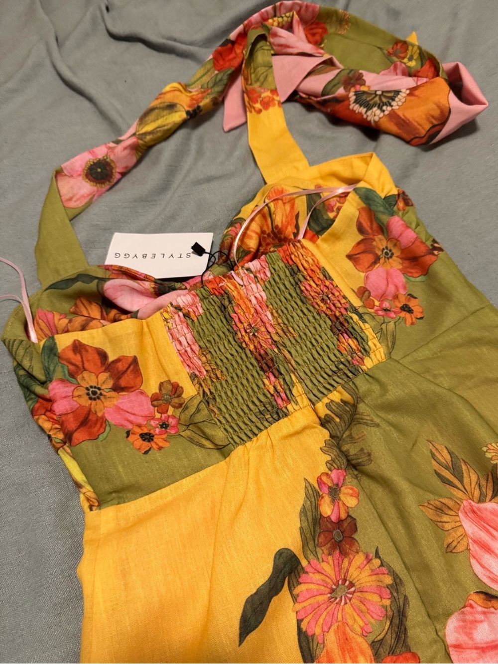 Floral Linen Resort Mini Halter Tie Dress (small) - Picture 5 of 12